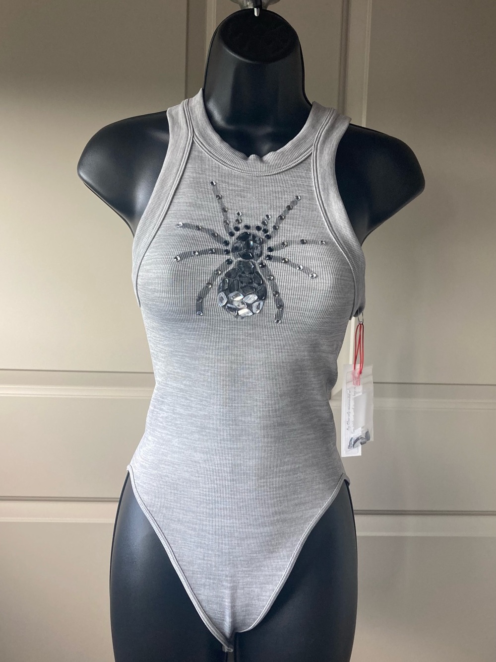 Gray Ribbed Tank Bodysuit with Beaded Spider Motif